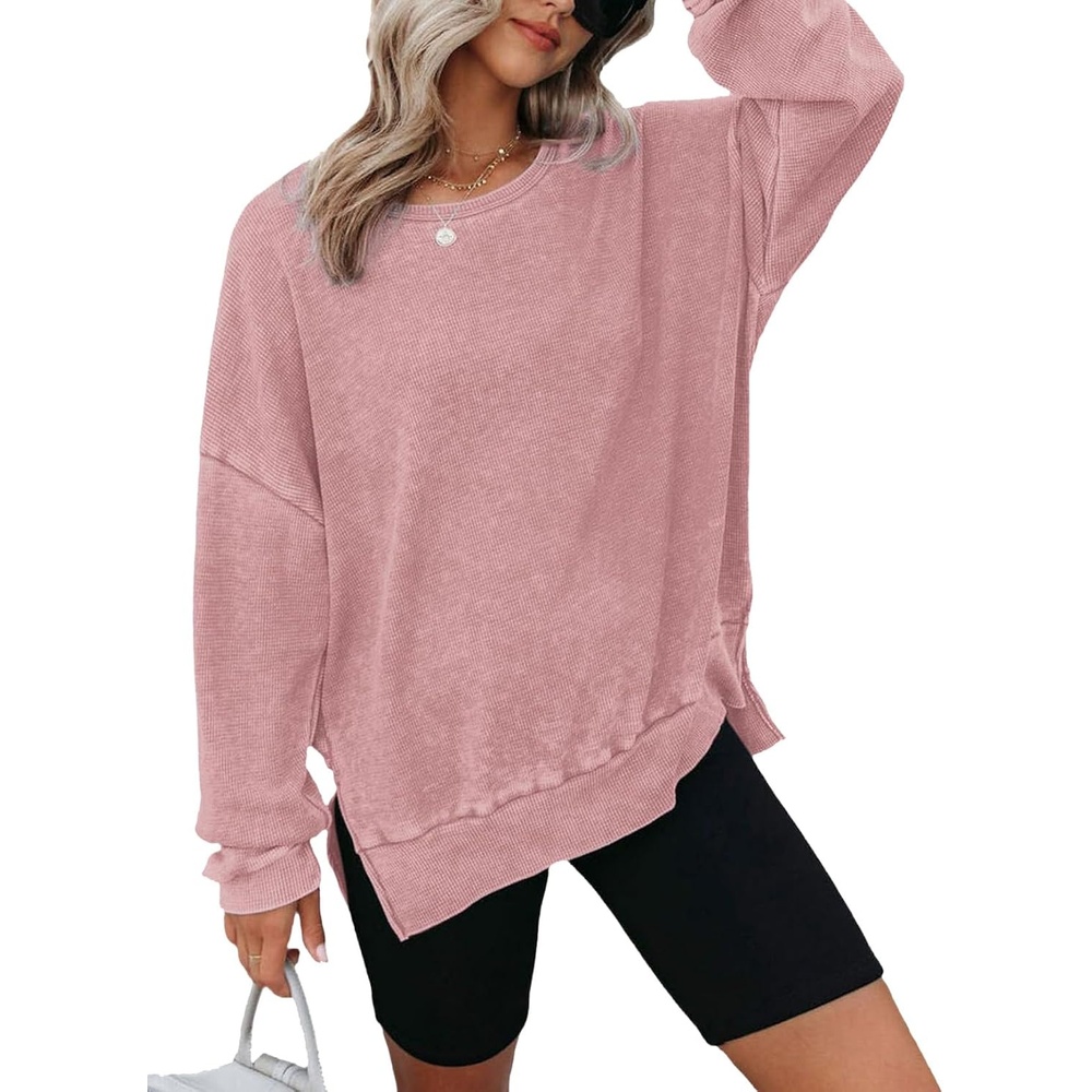 image:imageDokotoo Sweatshirt for Women Oversized Waffle Knit Crewneck Sweatshirts Long Sleeve Side Slits Casual Pullover TopsPink