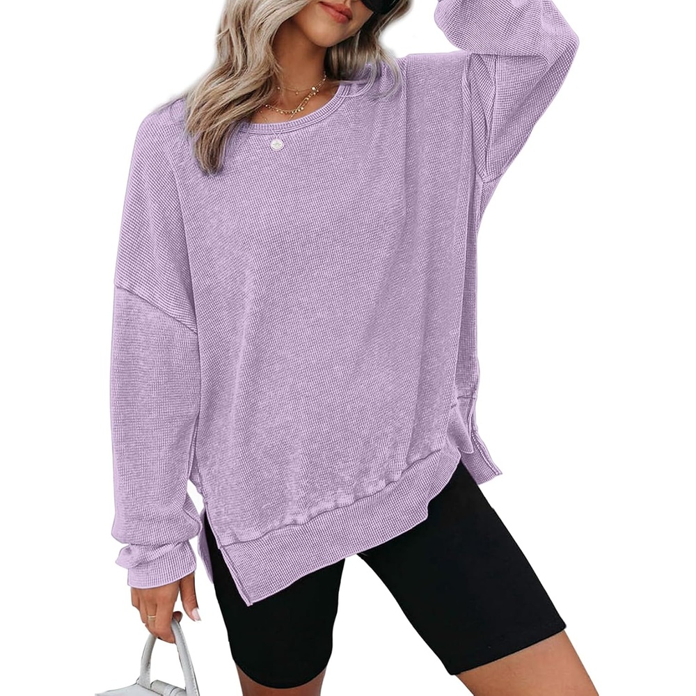 image:imageDokotoo Sweatshirt for Women Oversized Waffle Knit Crewneck Sweatshirts Long Sleeve Side Slits Casual Pullover TopsPurple