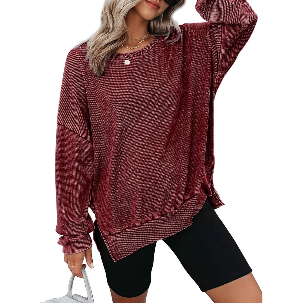 image:imageDokotoo Sweatshirt for Women Oversized Waffle Knit Crewneck Sweatshirts Long Sleeve Side Slits Casual Pullover TopsRed