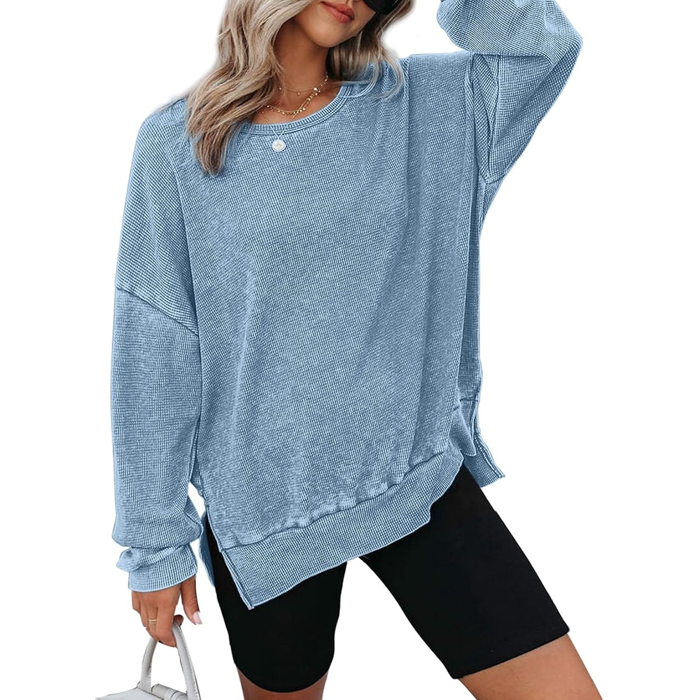 image:imageDokotoo Sweatshirt for Women Oversized Waffle Knit Crewneck Sweatshirts Long Sleeve Side Slits Casual Pullover TopsSky Blue 304