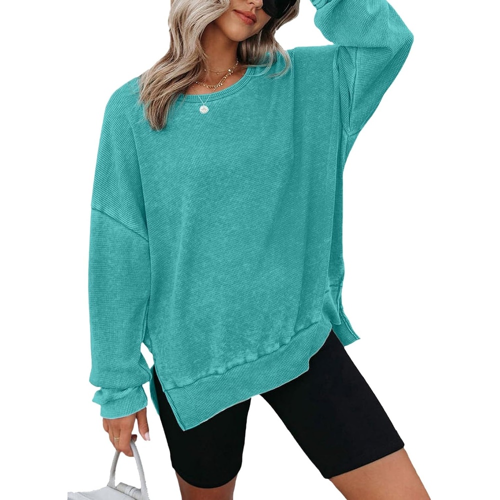 image:imageDokotoo Sweatshirt for Women Oversized Waffle Knit Crewneck Sweatshirts Long Sleeve Side Slits Casual Pullover TopsSky Blue