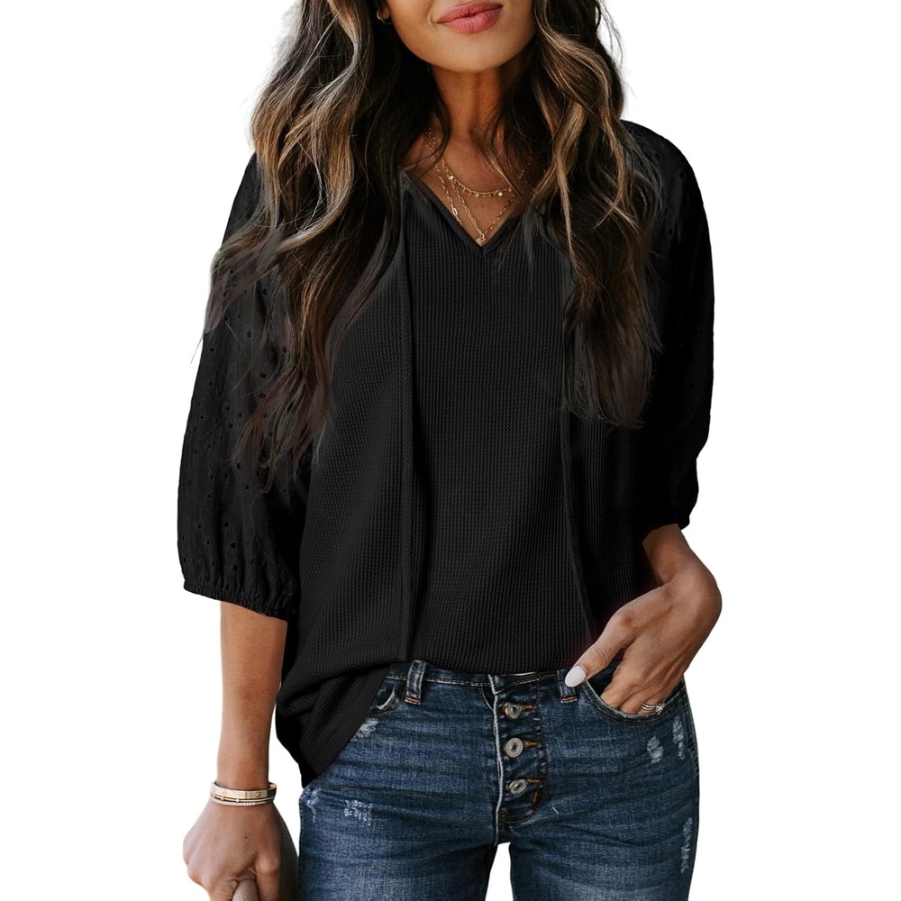 image:imageDokotoo Women Blouses Dressy Casual Embroidered 34 Length Sleeve Womens Tops Tassel Tie V Neck Waffle Knit ShirtsBlack