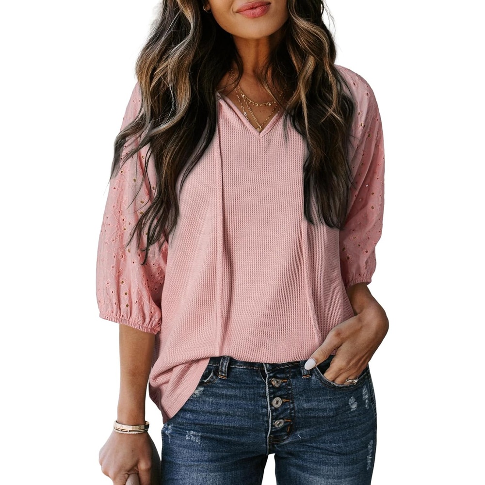 image:imageDokotoo Women Blouses Dressy Casual Embroidered 34 Length Sleeve Womens Tops Tassel Tie V Neck Waffle Knit ShirtsGossamer Pink
