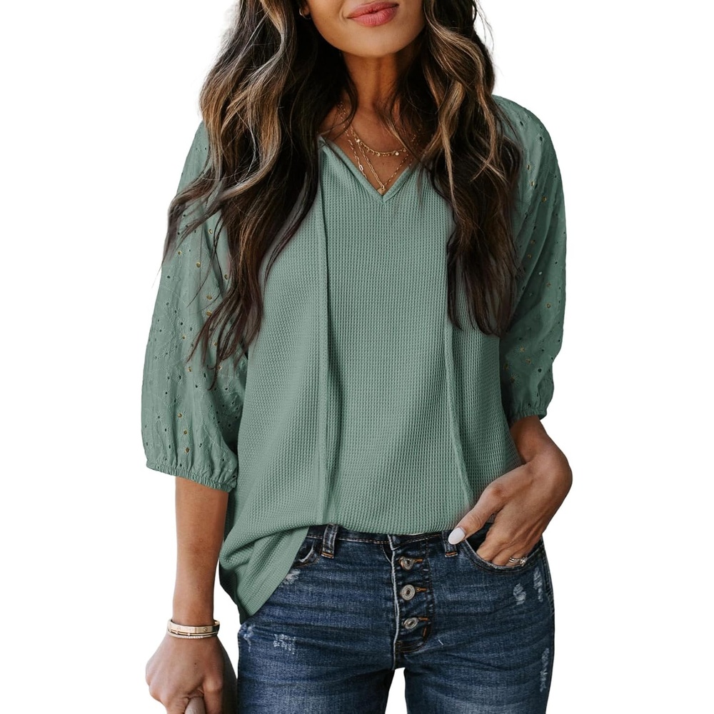 image:imageDokotoo Women Blouses Dressy Casual Embroidered 34 Length Sleeve Womens Tops Tassel Tie V Neck Waffle Knit ShirtsMist Green