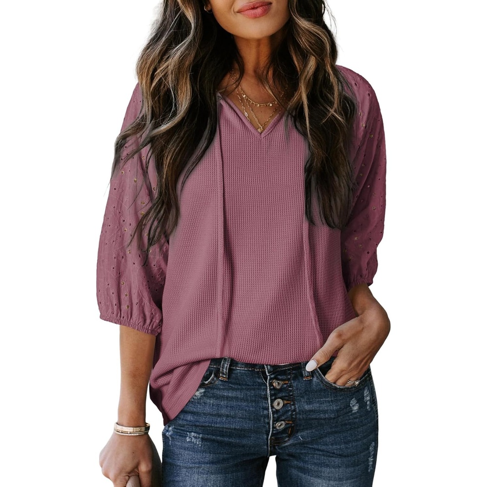 image:imageDokotoo Women Blouses Dressy Casual Embroidered 34 Length Sleeve Womens Tops Tassel Tie V Neck Waffle Knit ShirtsRose Pink