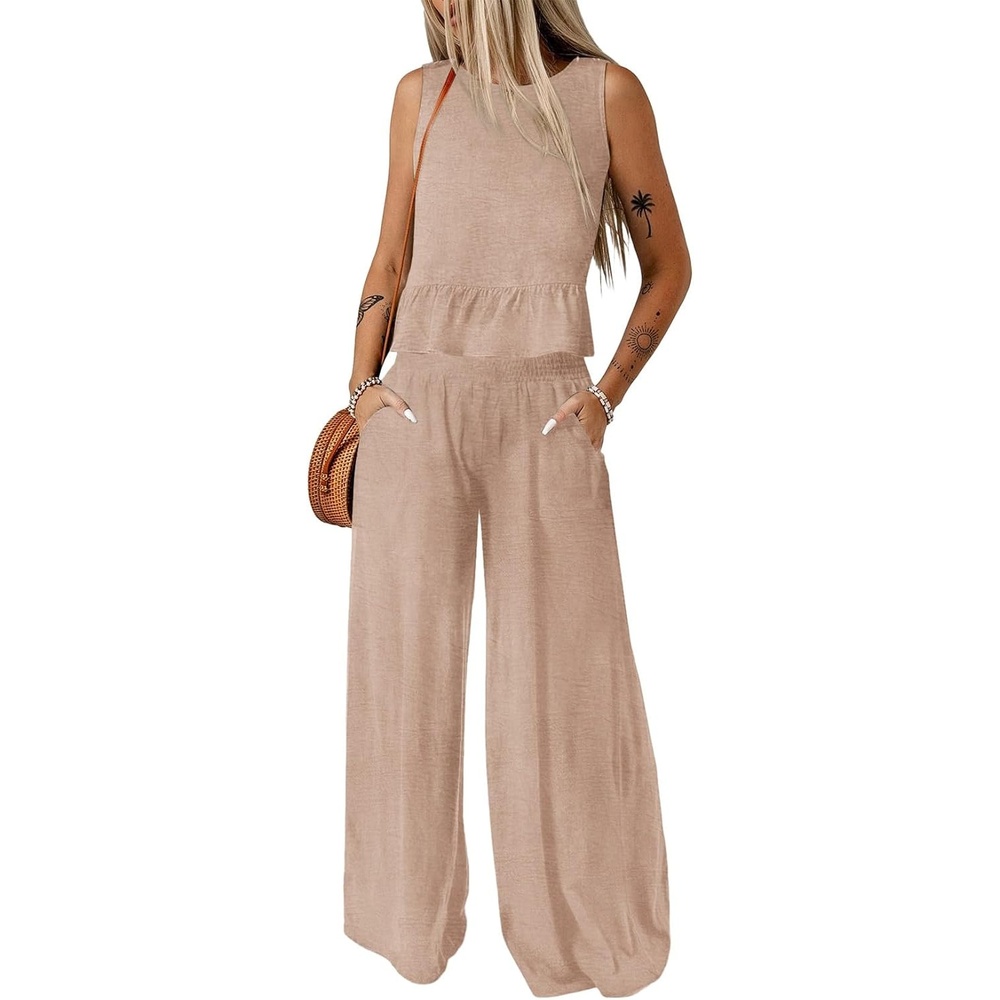 image:imageDokotoo Womens 2 Piece Outfits Tank Tops Elastic Waist Wide Leg Pants SetsApricot