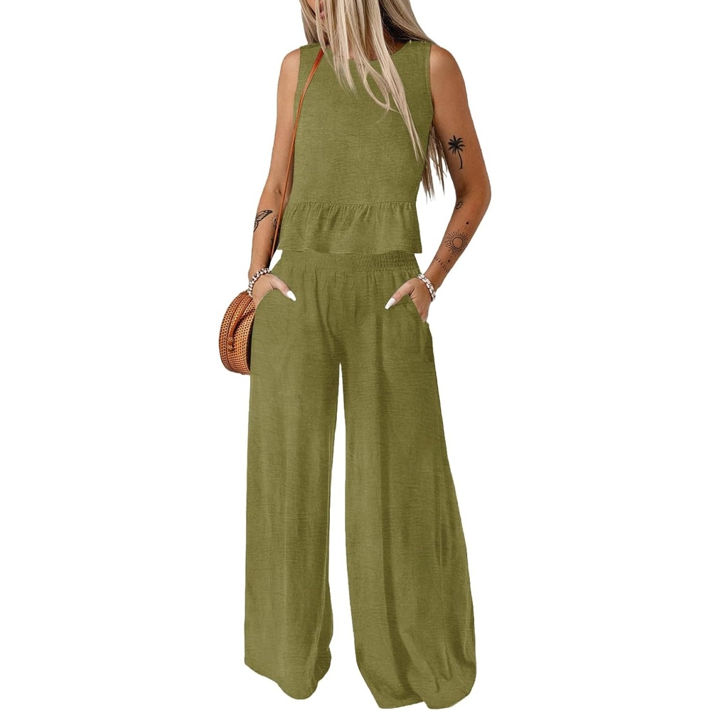 image:imageDokotoo Womens 2 Piece Outfits Tank Tops Elastic Waist Wide Leg Pants SetsGreen