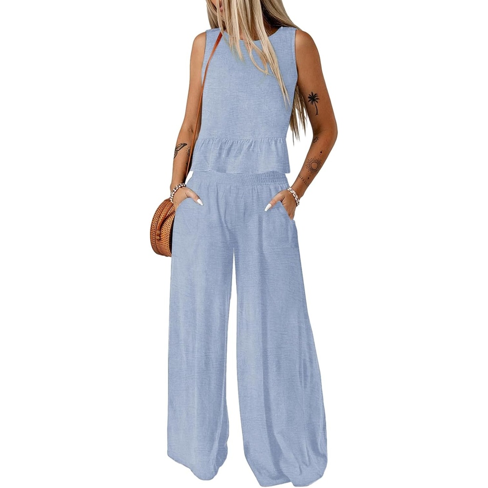 image:imageDokotoo Womens 2 Piece Outfits Tank Tops Elastic Waist Wide Leg Pants SetsLignt Blue