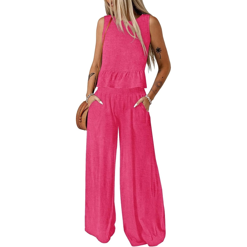 image:imageDokotoo Womens 2 Piece Outfits Tank Tops Elastic Waist Wide Leg Pants SetsRose Red