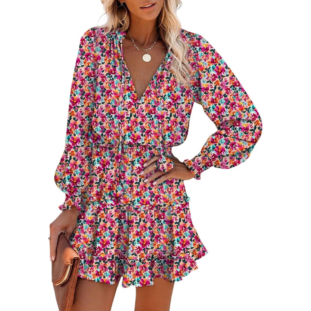 image:imageDokotoo Womens 2024 Split V Neck Ruffle Chiffon Elegant Mini Short Skirt DressesZ Print Floral 6