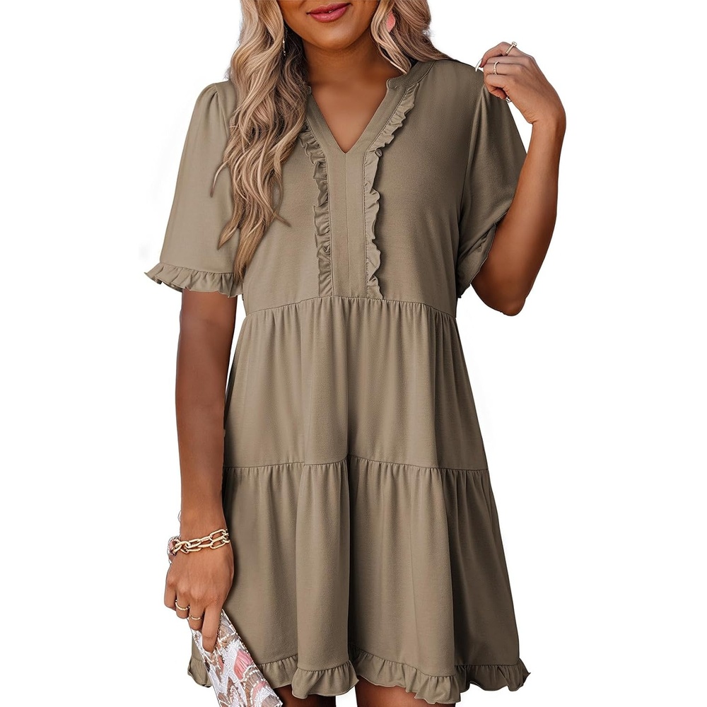 image:imageDokotoo Womens A Line Babydoll Casual Summer Dresses with PocketsLight Brown