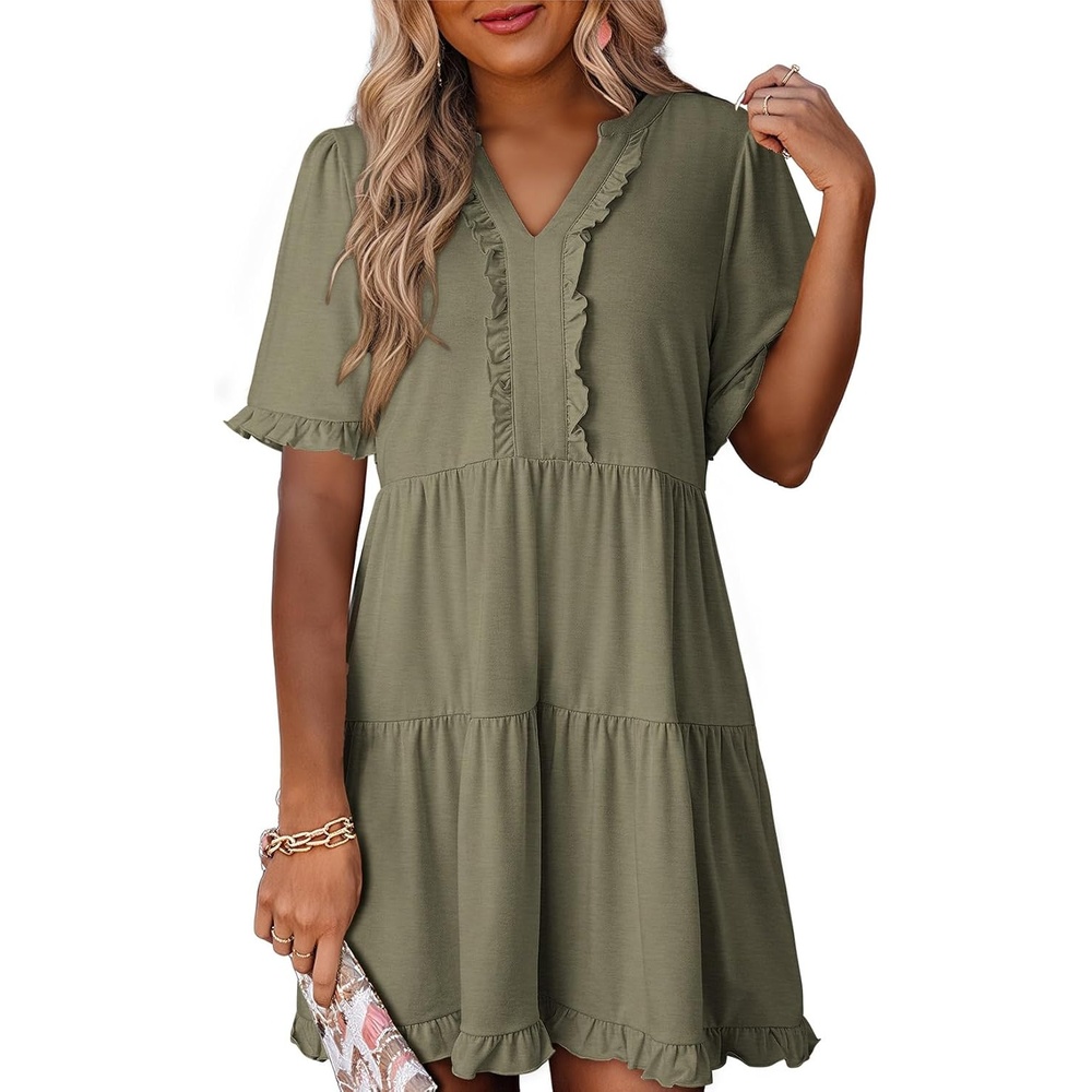 image:imageDokotoo Womens A Line Babydoll Casual Summer Dresses with PocketsOlive Green