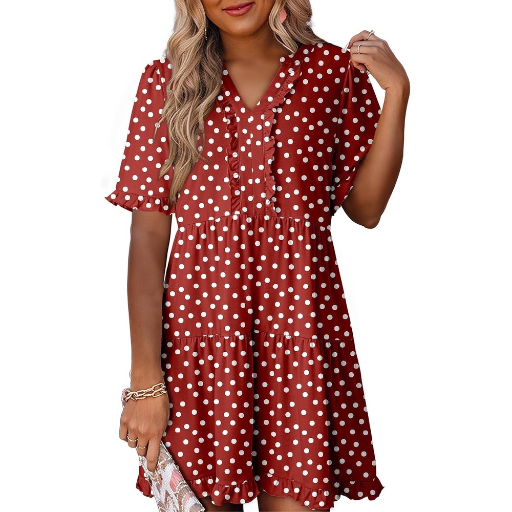 image:imageDokotoo Womens A Line Babydoll Casual Summer Dresses with PocketsPolka Dot Red
