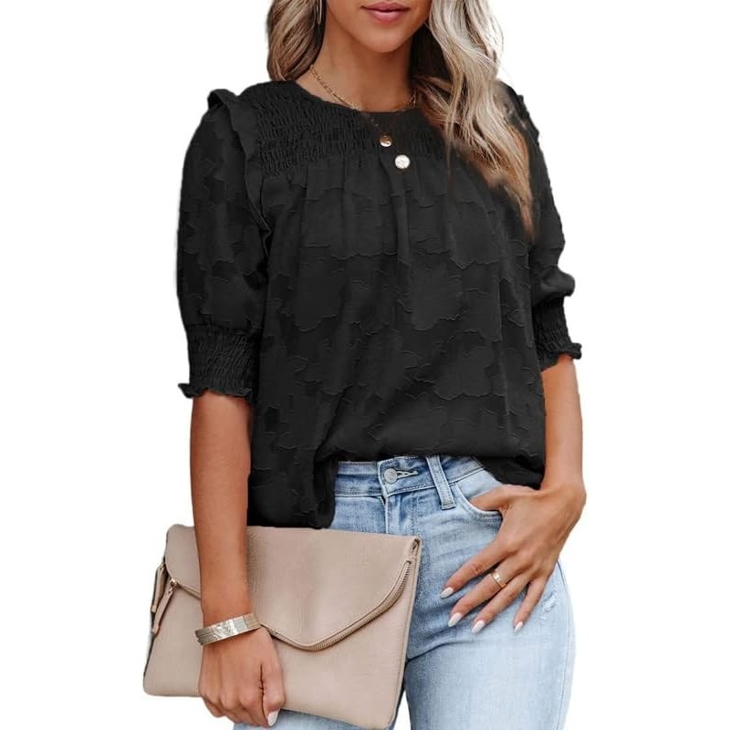 image:imageDokotoo Womens Blouses Half Sleeve Shirred Tops Crewneck Lace Textured Flowy Casual ShirtsBlack