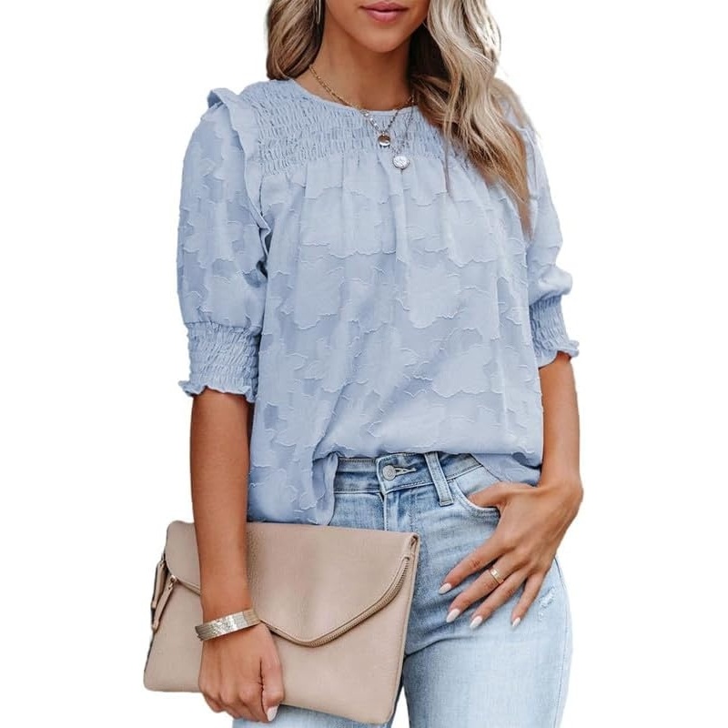 image:imageDokotoo Womens Blouses Half Sleeve Shirred Tops Crewneck Lace Textured Flowy Casual ShirtsSky Blue