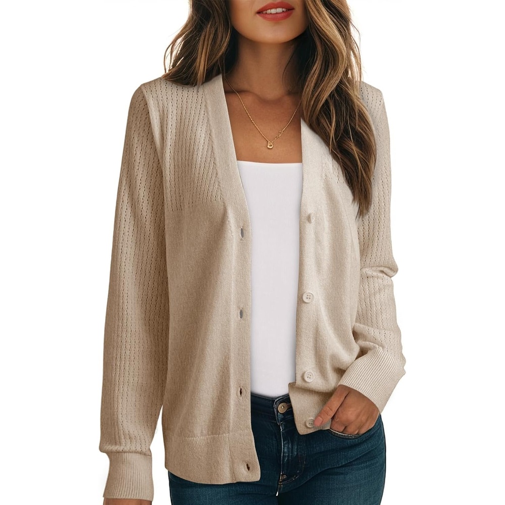 image:imageDokotoo Womens Cardigan Wool Blend Casual Knit Hollow Out Sweaters TopsApricot