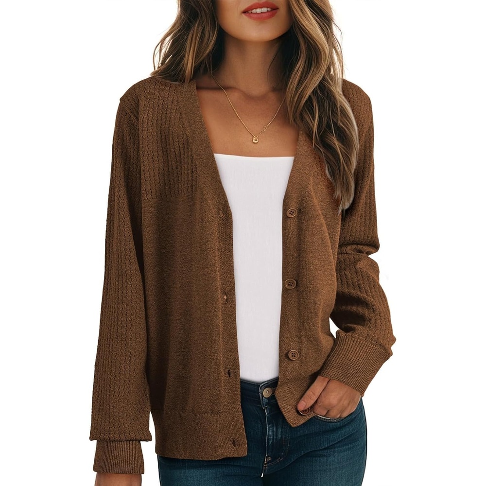 image:imageDokotoo Womens Cardigan Wool Blend Casual Knit Hollow Out Sweaters TopsBrown