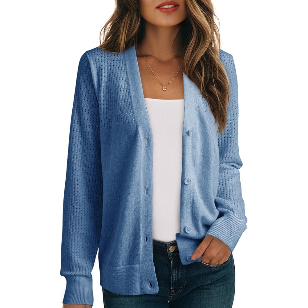 image:imageDokotoo Womens Cardigan Wool Blend Casual Knit Hollow Out Sweaters TopsDeep Blue