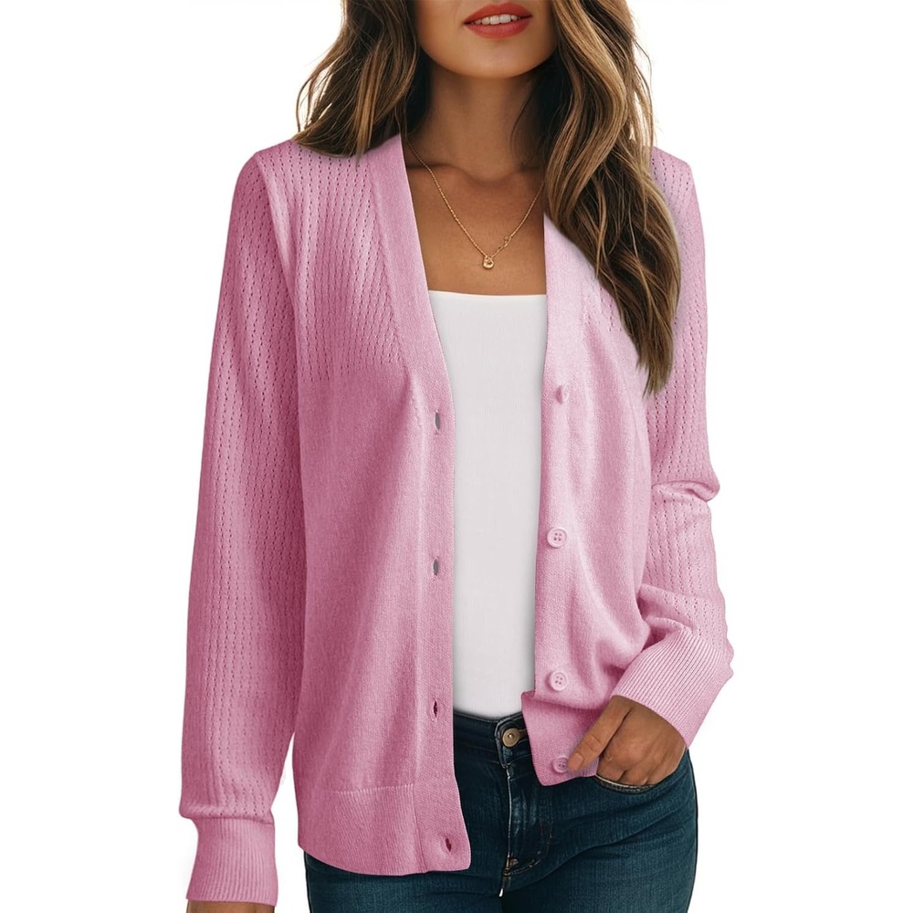 image:imageDokotoo Womens Cardigan Wool Blend Casual Knit Hollow Out Sweaters TopsPink