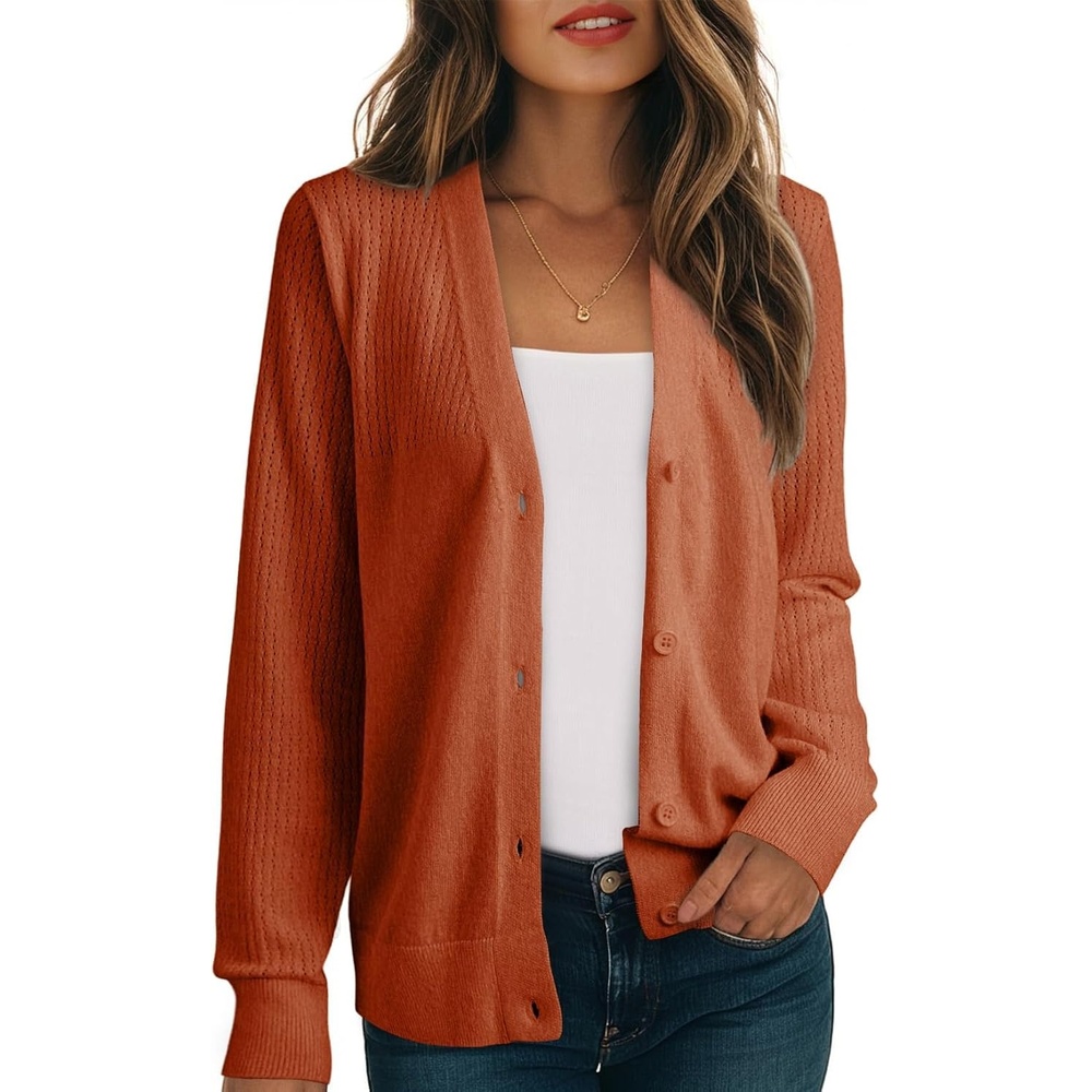 image:imageDokotoo Womens Cardigan Wool Blend Casual Knit Hollow Out Sweaters TopsRed Clay