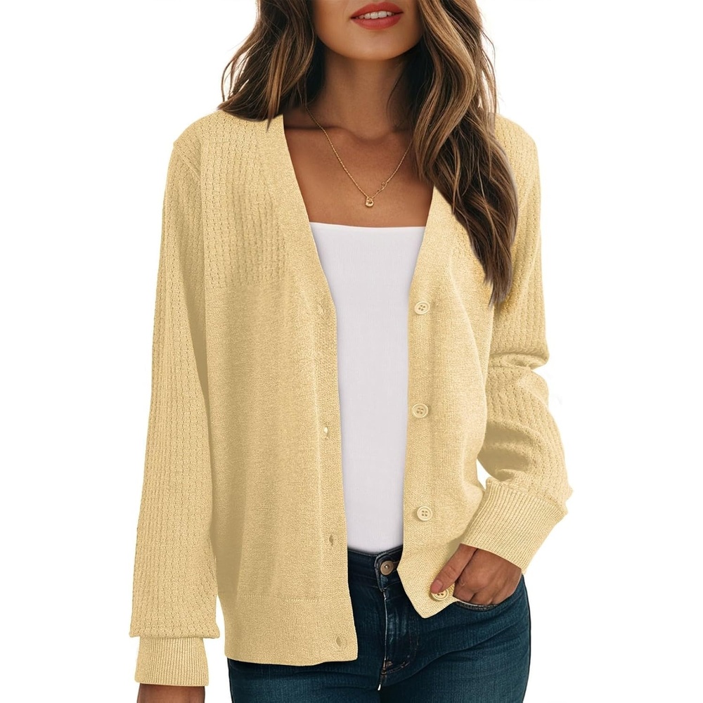 image:imageDokotoo Womens Cardigan Wool Blend Casual Knit Hollow Out Sweaters TopsYellow Cream