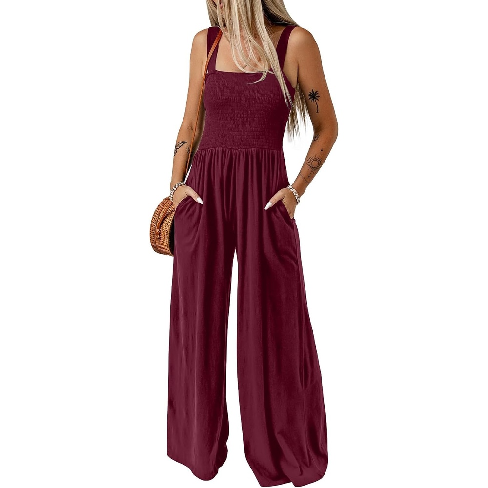 image:imageDokotoo Womens Casual Jumpsuits One Piece Sleeveless Wide Leg RompersBurgundy