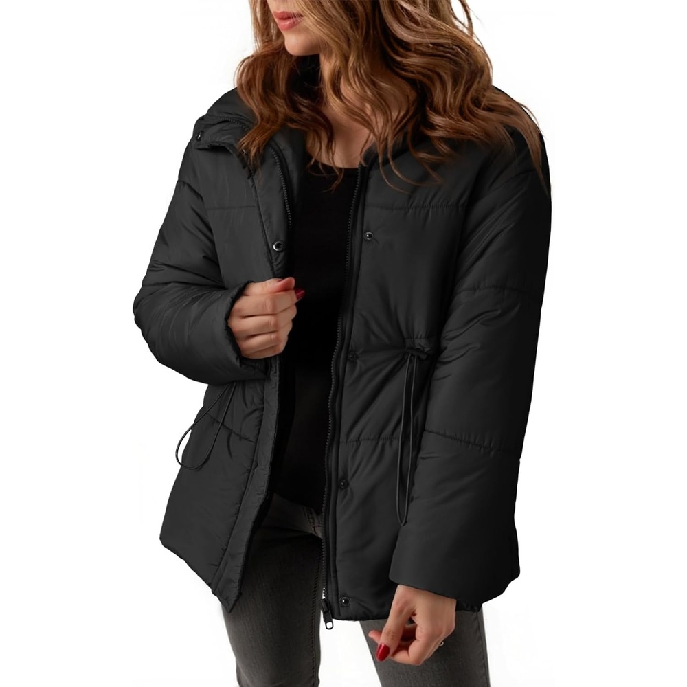 image:imageDokotoo Womens Casual Long Sleeve Zip up Puffer Chunky Warm Drawstring Quilted Lightweight Jacket CoatColor Black