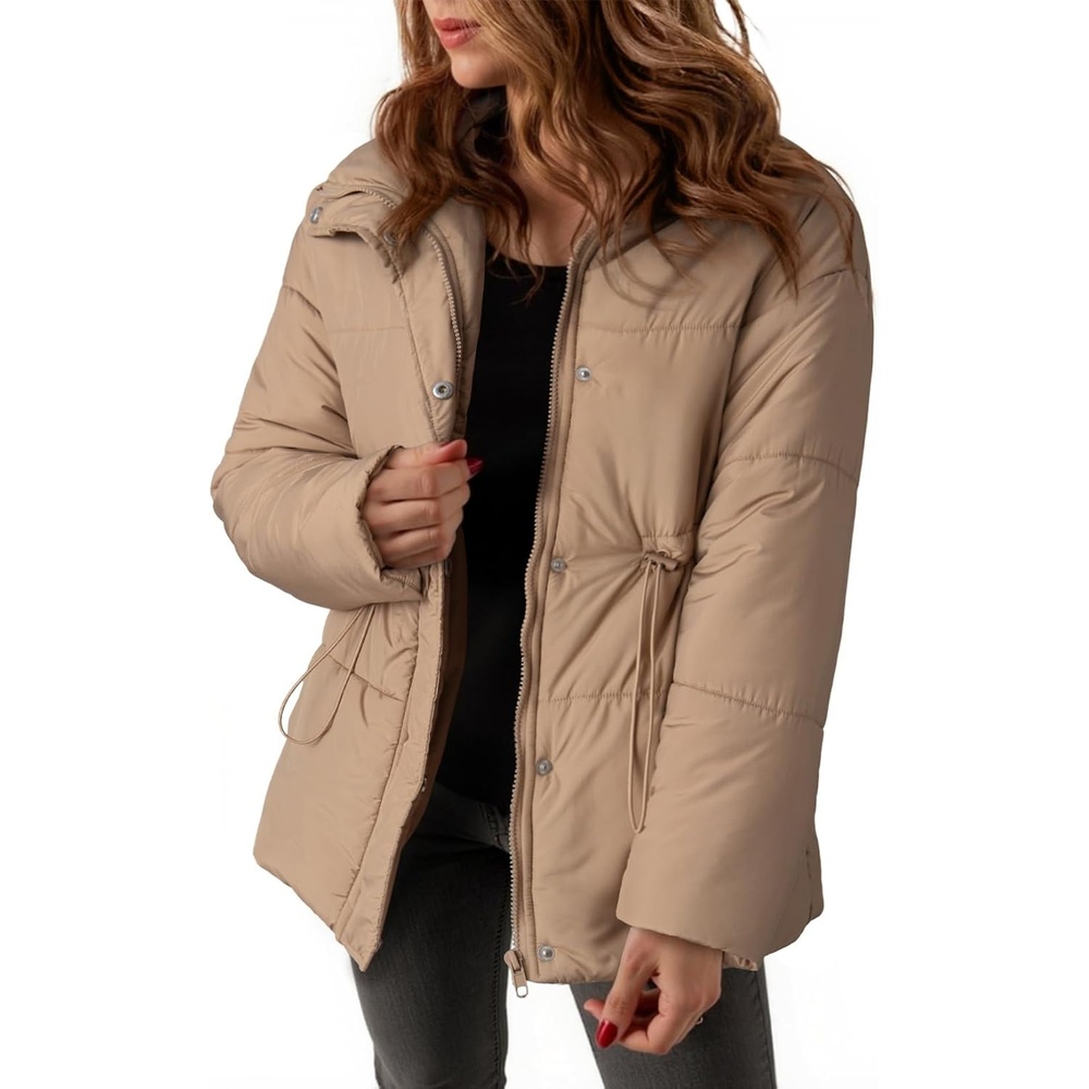 image:imageDokotoo Womens Casual Long Sleeve Zip up Puffer Chunky Warm Drawstring Quilted Lightweight Jacket CoatLight French Beige