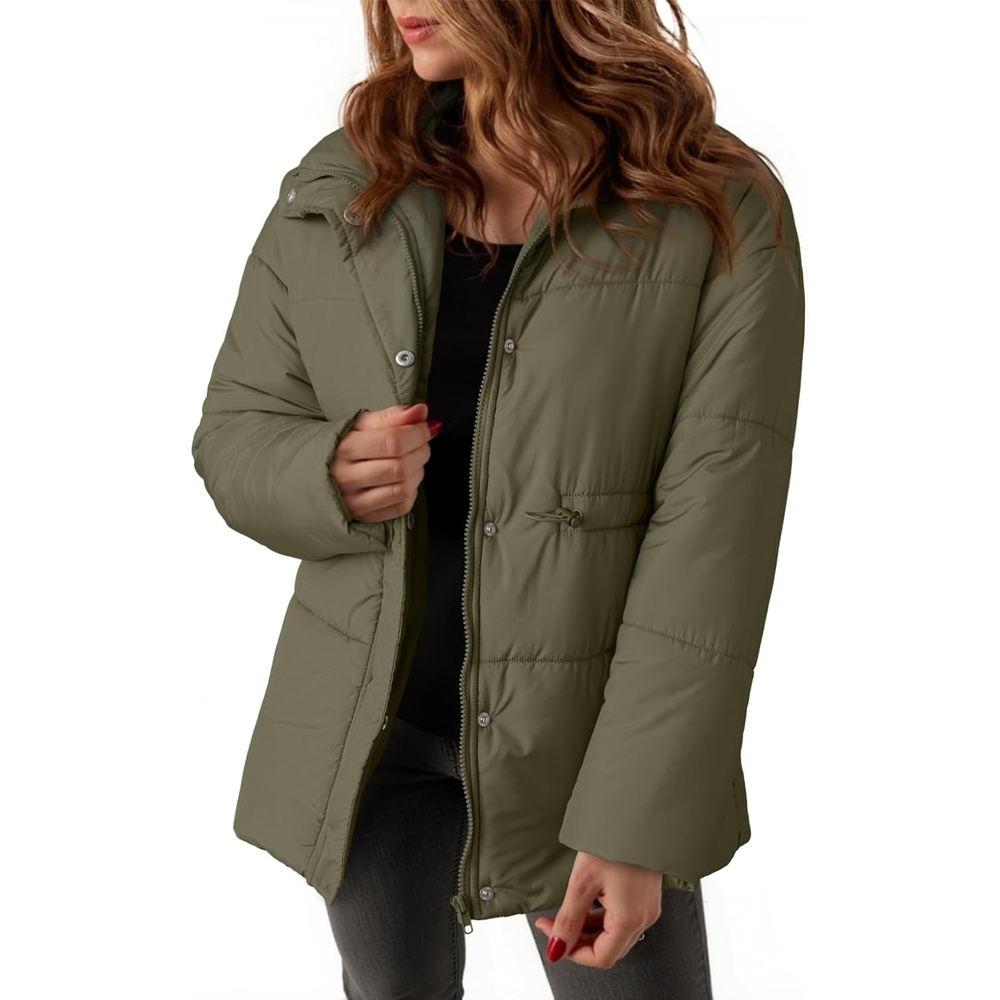 image:imageDokotoo Womens Casual Long Sleeve Zip up Puffer Chunky Warm Drawstring Quilted Lightweight Jacket CoatVineyard Green