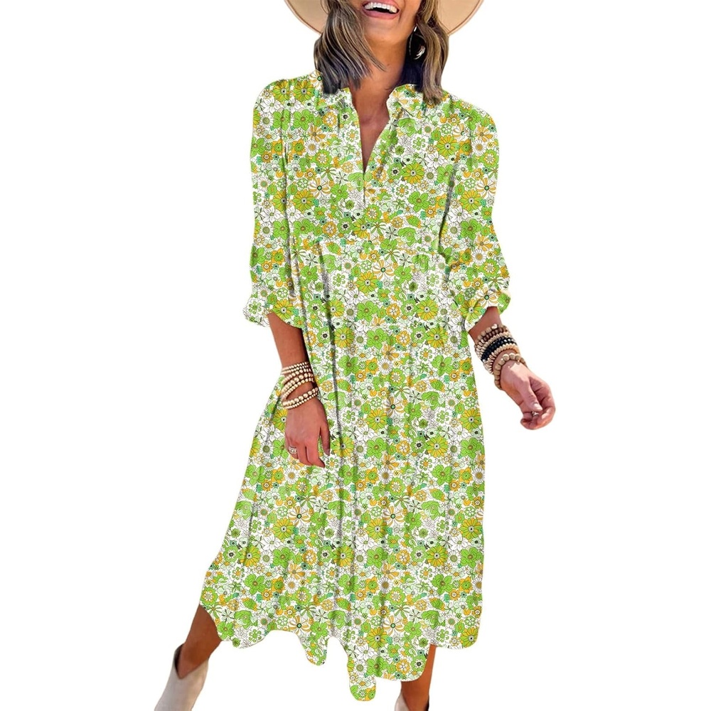 image:imageDokotoo Womens Casual Loose Bohemian Floral Dresses 2026 Long Puff Sleeve V Neck Ruffle A Line Flowy Summer Beach DressGreen