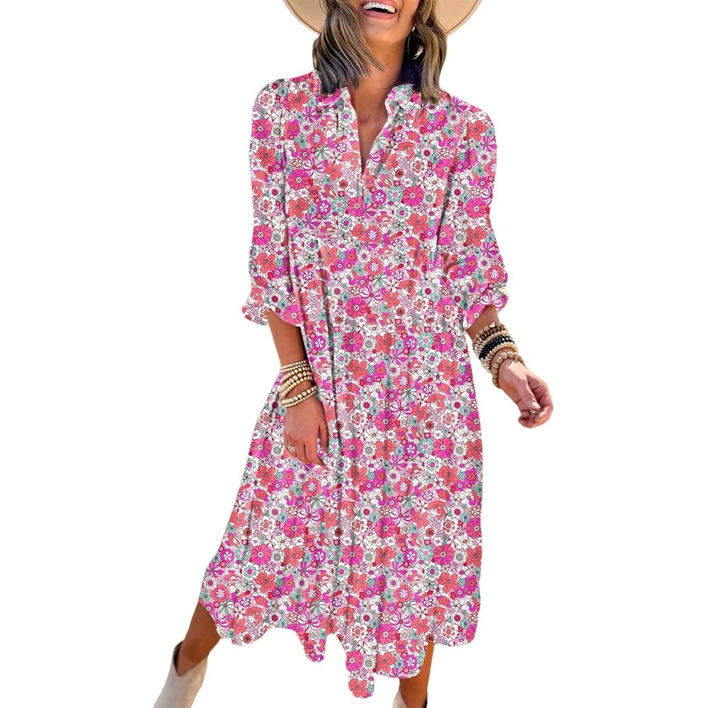 image:imageDokotoo Womens Casual Loose Bohemian Floral Dresses 2026 Long Puff Sleeve V Neck Ruffle A Line Flowy Summer Beach DressRose