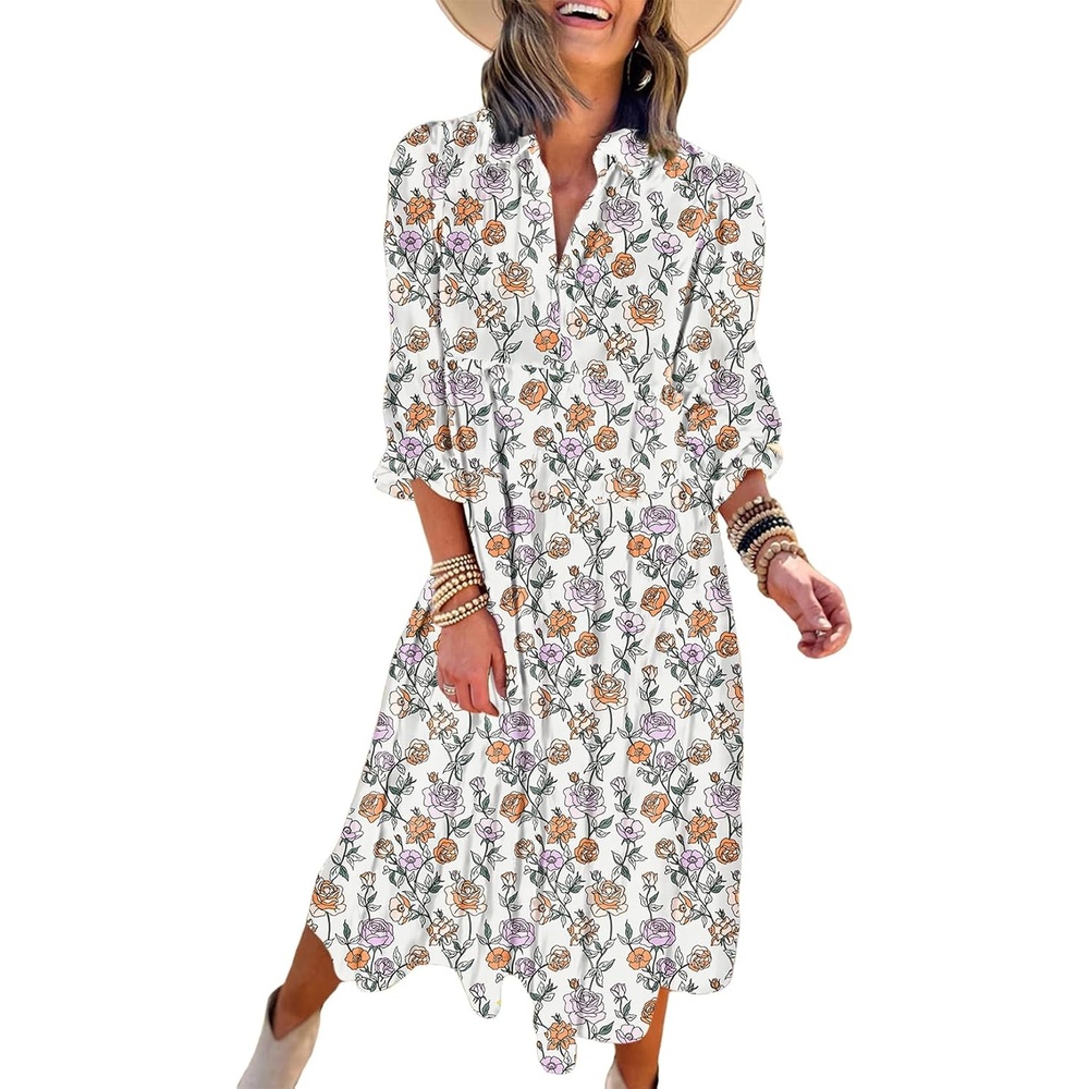 image:imageDokotoo Womens Casual Loose Bohemian Floral Dresses 2026 Long Puff Sleeve V Neck Ruffle A Line Flowy Summer Beach DressWhite