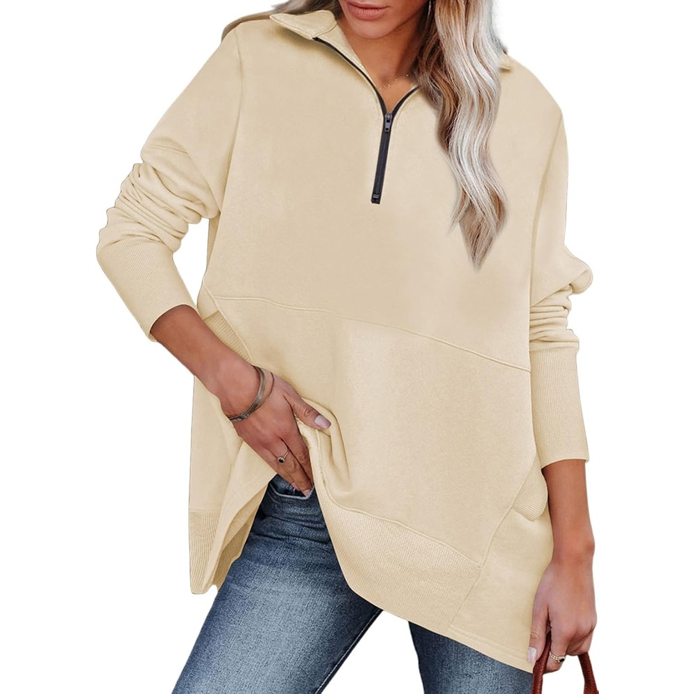 image:imageDokotoo Womens Casual Oversized Half Zip Sweatshirts Long Sleeve Solid Color Pullover Jackets with PocketsBeige