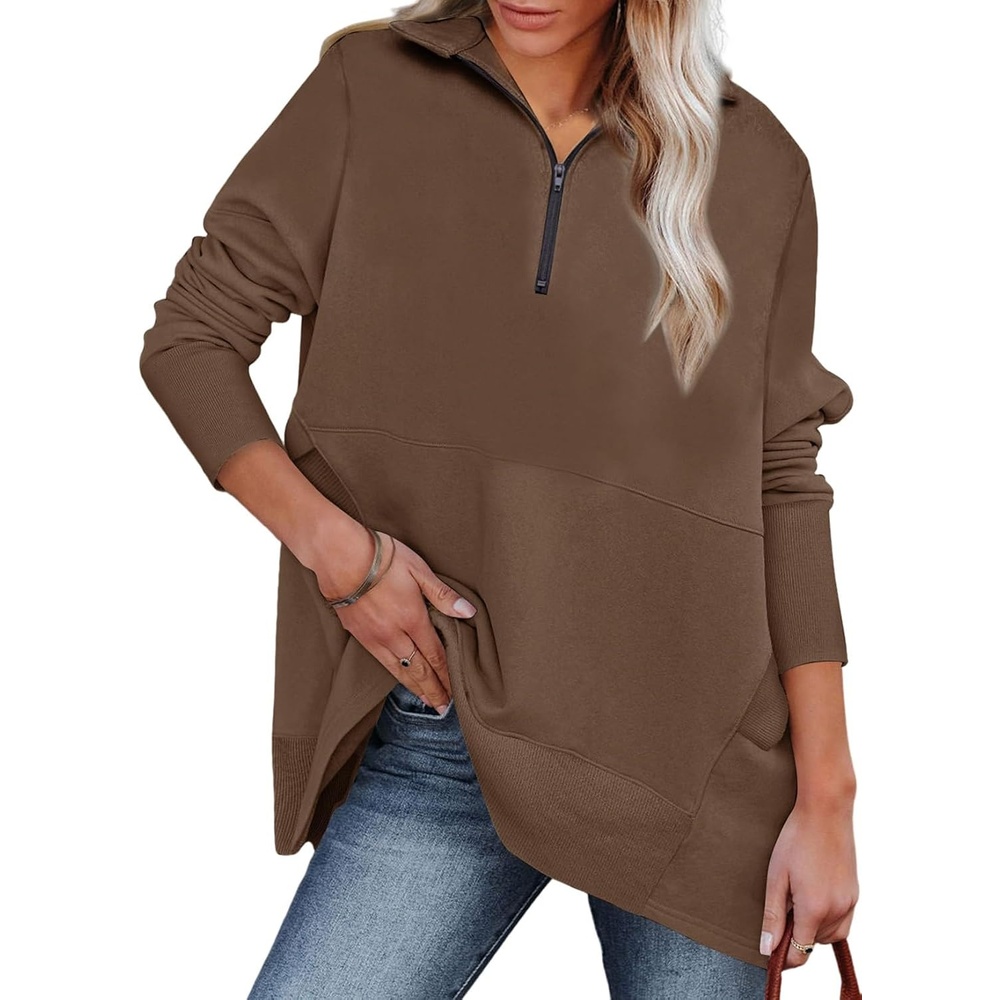 image:imageDokotoo Womens Casual Oversized Half Zip Sweatshirts Long Sleeve Solid Color Pullover Jackets with PocketsDark Brown
