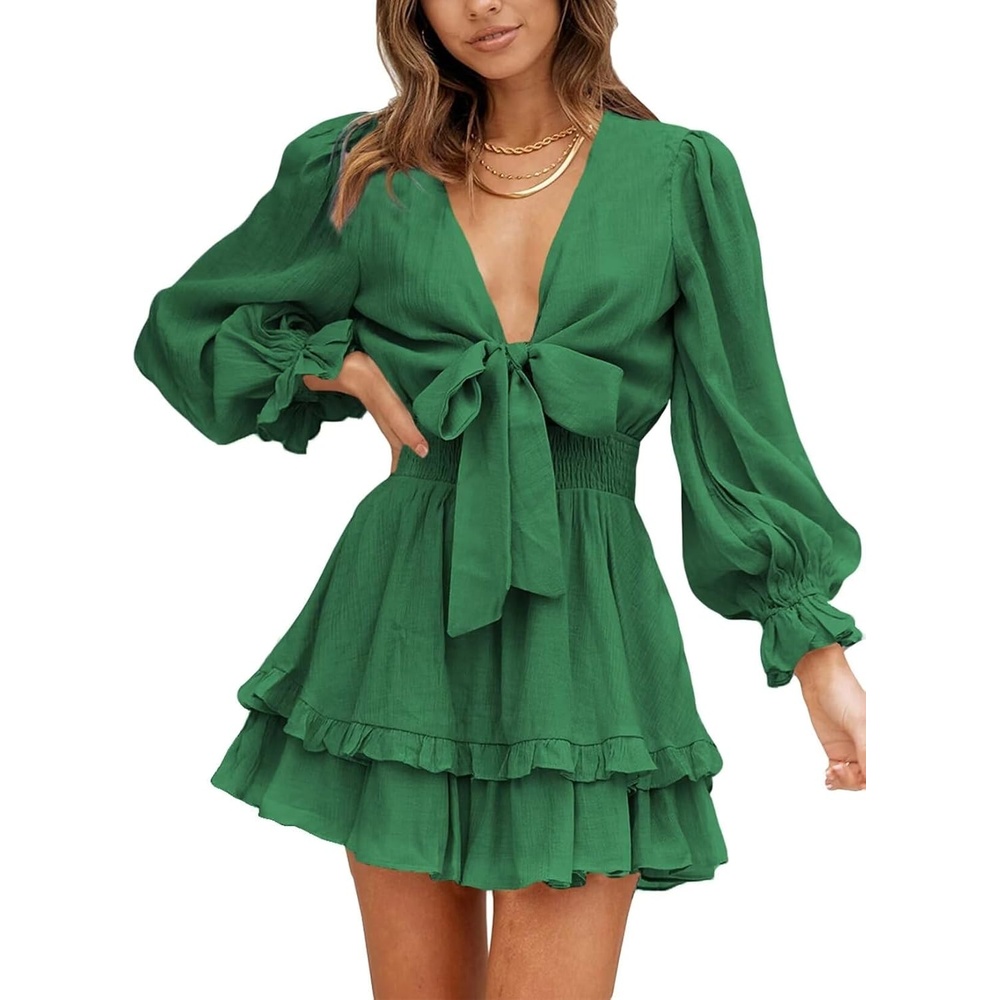 image:imageDokotoo Womens Casual Spring Fall 2025 Deep V Neck Knotted Tiered Chiffon Elegant Mini Short Swing Skater Dresses3 Dark Green