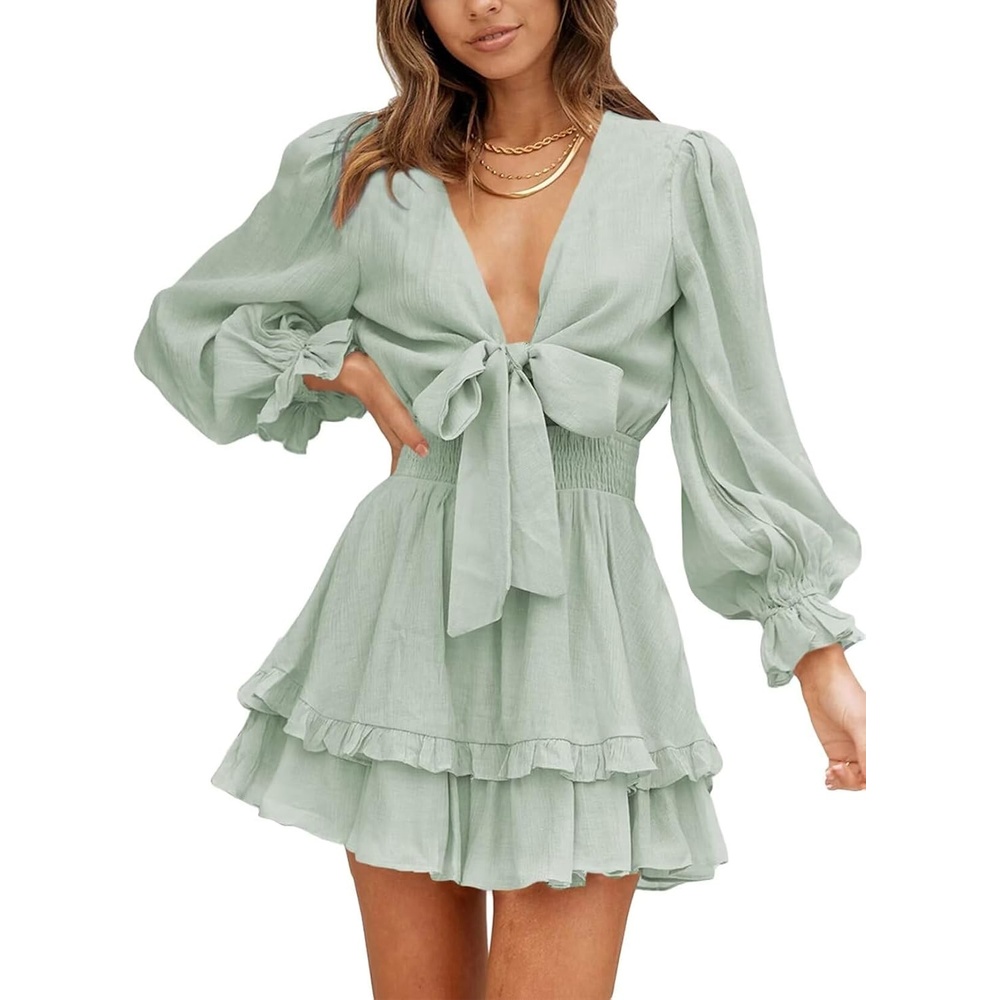 image:imageDokotoo Womens Casual Spring Fall 2025 Deep V Neck Knotted Tiered Chiffon Elegant Mini Short Swing Skater Dresses3 Green