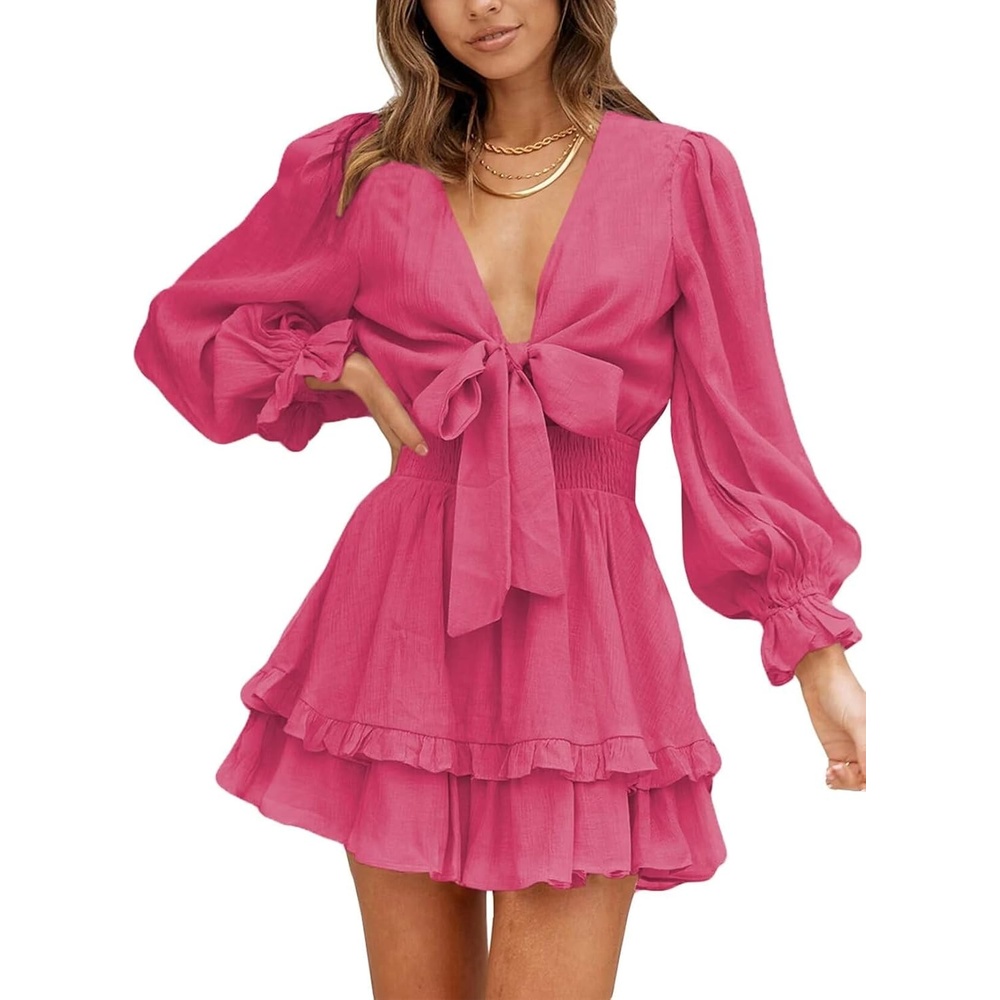 image:imageDokotoo Womens Casual Spring Fall 2025 Deep V Neck Knotted Tiered Chiffon Elegant Mini Short Swing Skater Dresses3 Pink 3