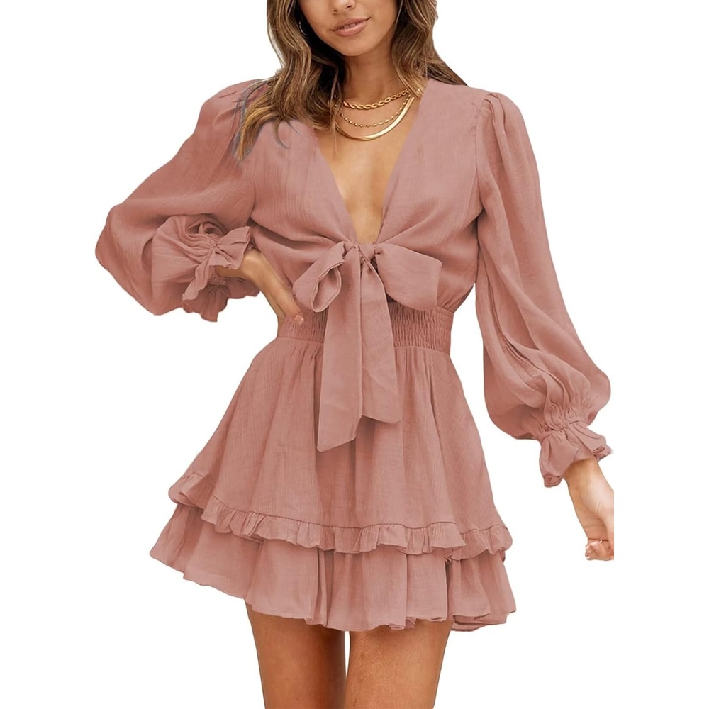 image:imageDokotoo Womens Casual Spring Fall 2025 Deep V Neck Knotted Tiered Chiffon Elegant Mini Short Swing Skater Dresses3 Pink 4