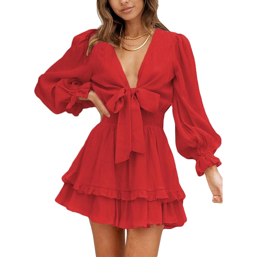image:imageDokotoo Womens Casual Spring Fall 2025 Deep V Neck Knotted Tiered Chiffon Elegant Mini Short Swing Skater Dresses3 Red 2