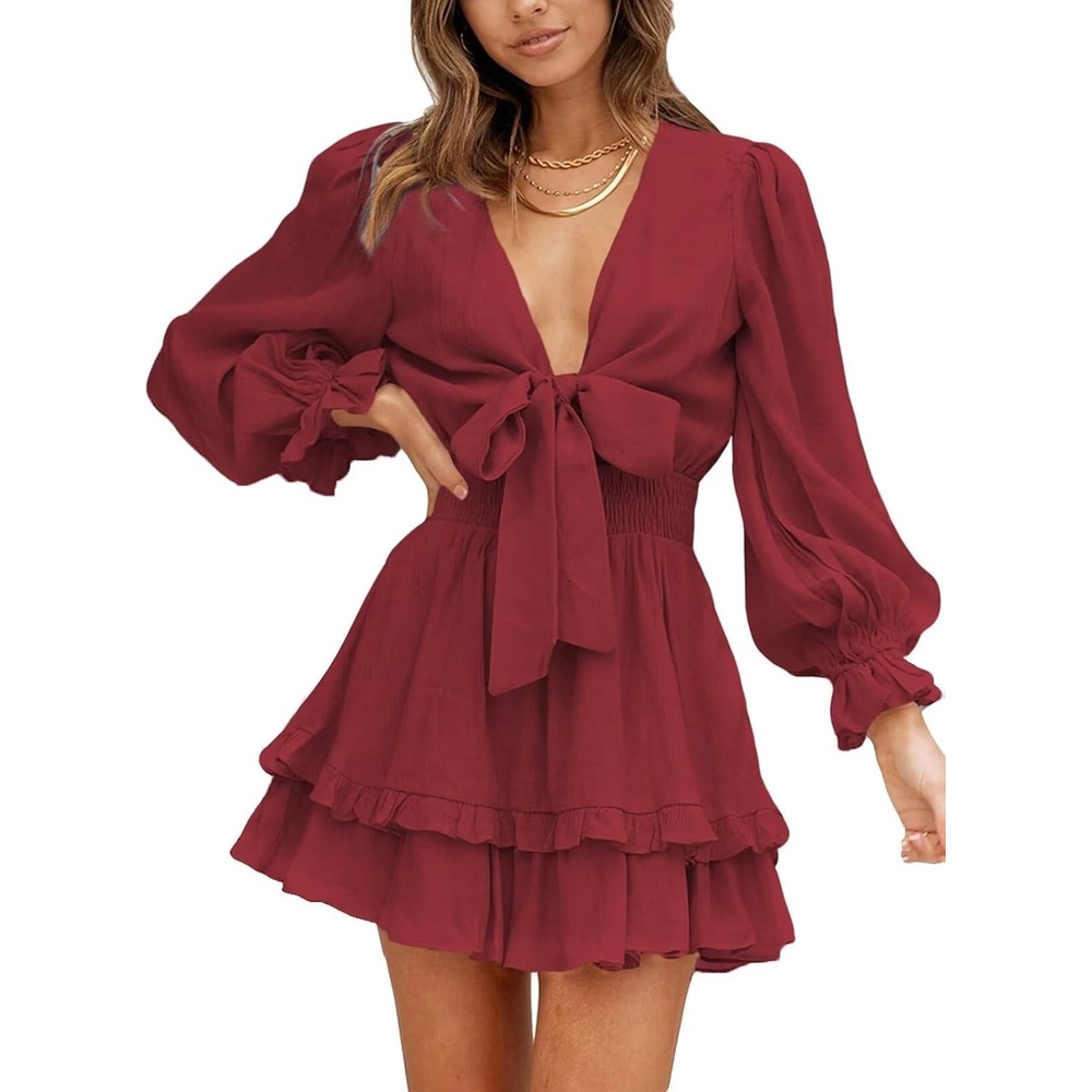 image:imageDokotoo Womens Casual Spring Fall 2025 Deep V Neck Knotted Tiered Chiffon Elegant Mini Short Swing Skater Dresses3 Red