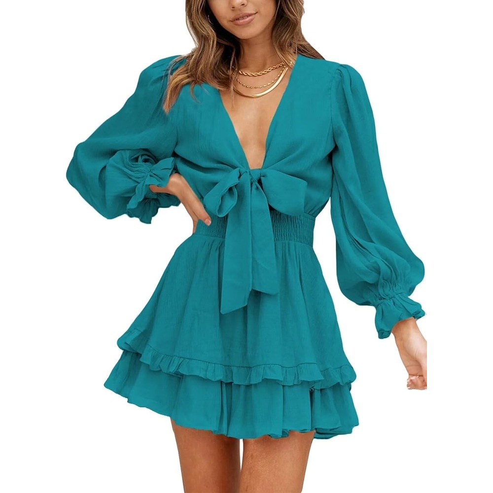 image:imageDokotoo Womens Casual Spring Fall 2025 Deep V Neck Knotted Tiered Chiffon Elegant Mini Short Swing Skater Dresses3 Turquoise