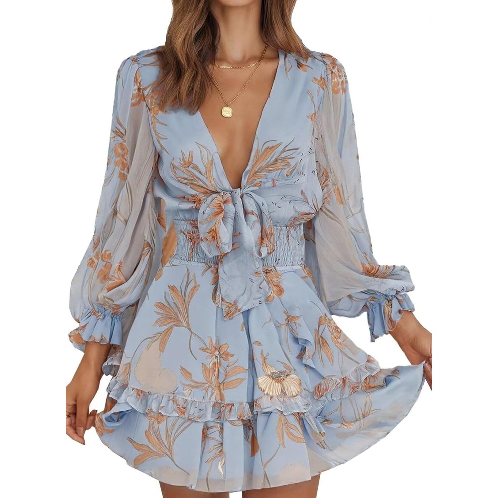 image:imageDokotoo Womens Casual Spring Fall 2025 Deep V Neck Knotted Tiered Chiffon Elegant Mini Short Swing Skater Dresses4 Blue
