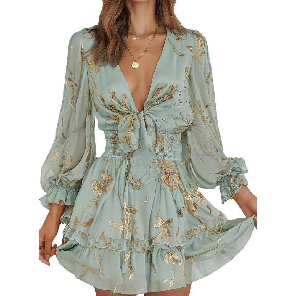 image:imageDokotoo Womens Casual Spring Fall 2025 Deep V Neck Knotted Tiered Chiffon Elegant Mini Short Swing Skater Dresses4 Green