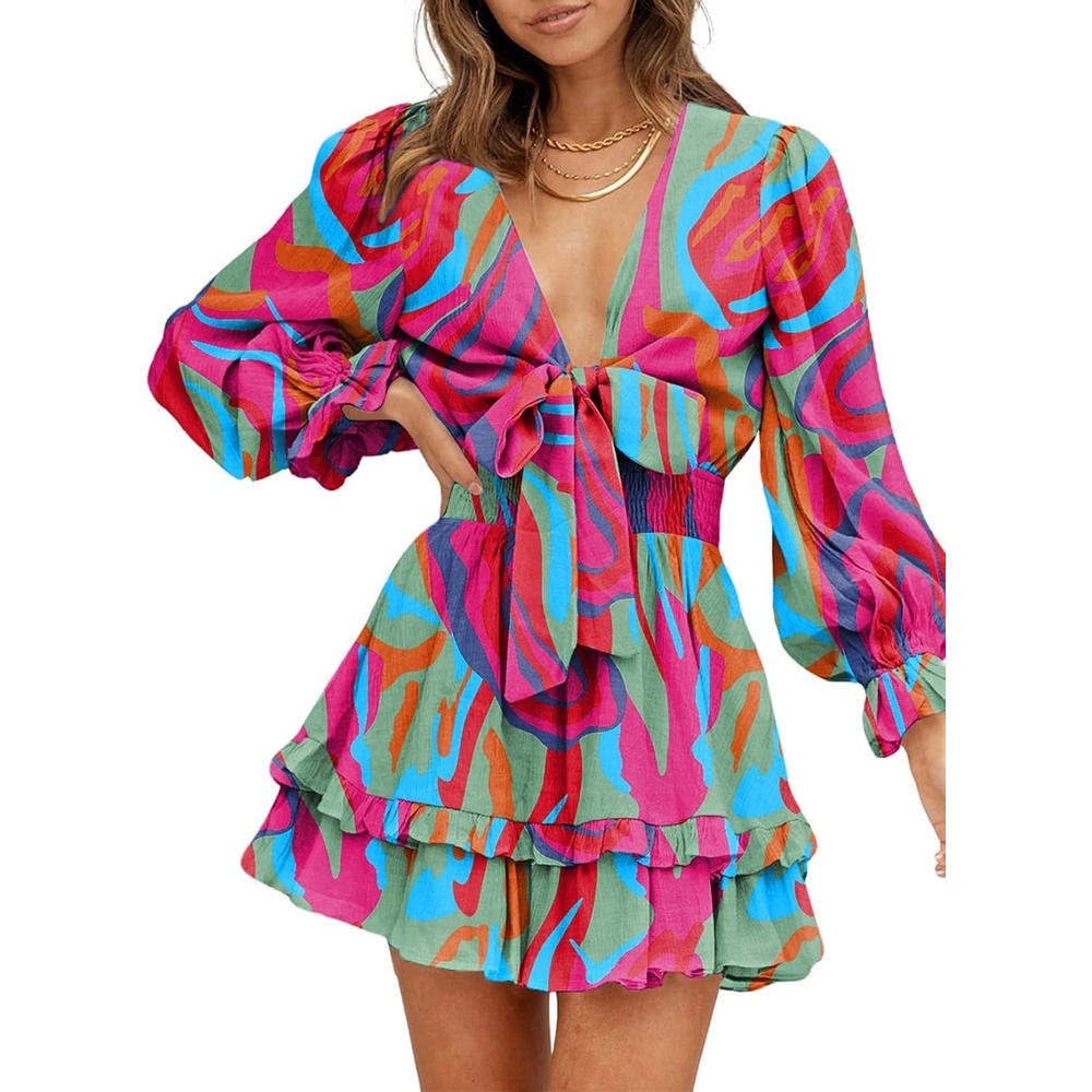 image:imageDokotoo Womens Casual Spring Fall 2025 Deep V Neck Knotted Tiered Chiffon Elegant Mini Short Swing Skater Dresses4 Multicolored 3