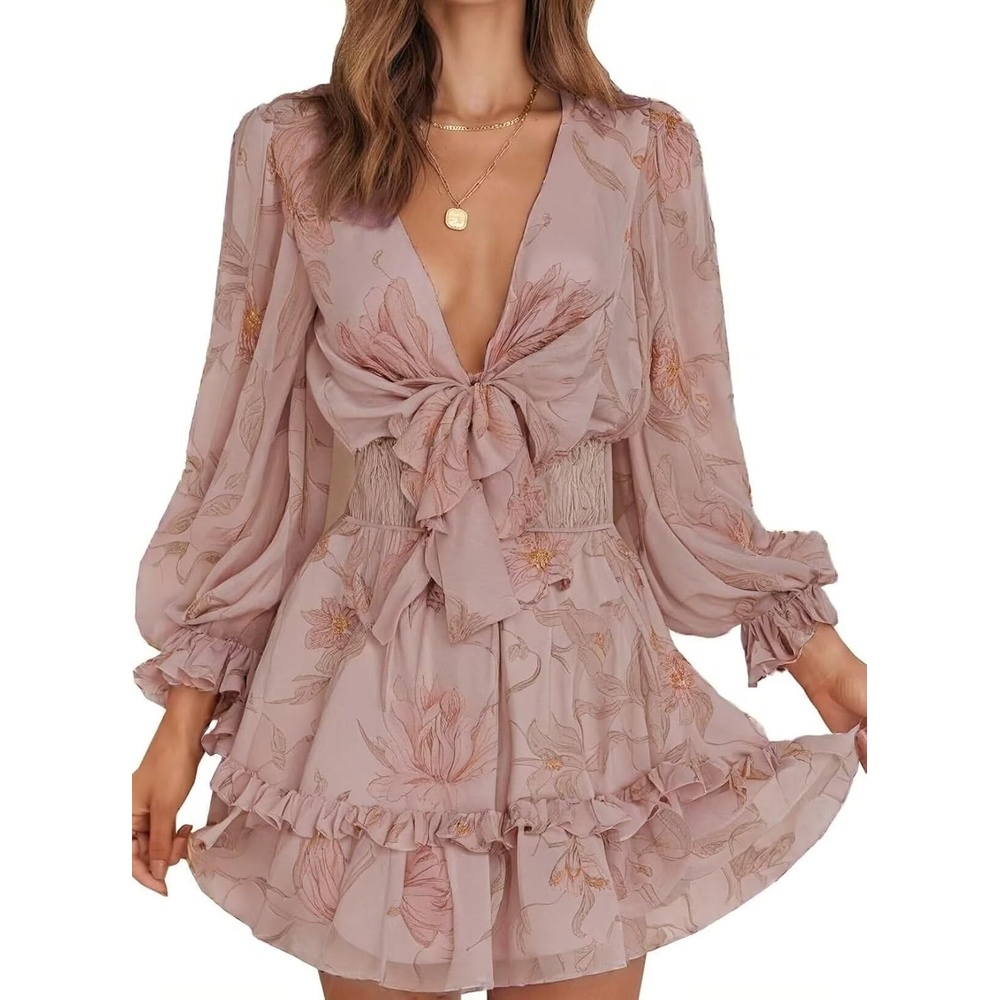 image:imageDokotoo Womens Casual Spring Fall 2025 Deep V Neck Knotted Tiered Chiffon Elegant Mini Short Swing Skater Dresses4 Pink