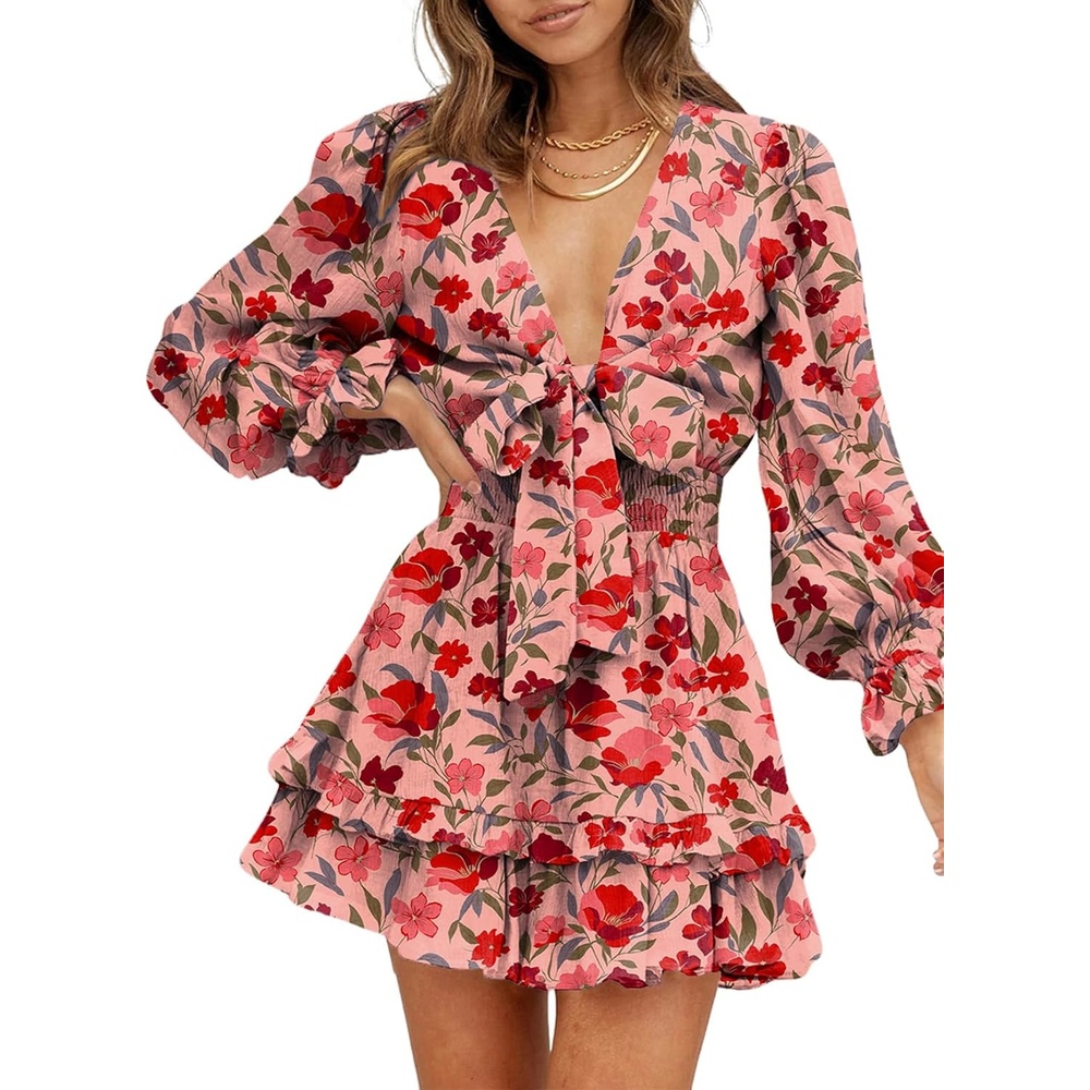 image:imageDokotoo Womens Casual Spring Fall 2025 Deep V Neck Knotted Tiered Chiffon Elegant Mini Short Swing Skater Dresses4 Red