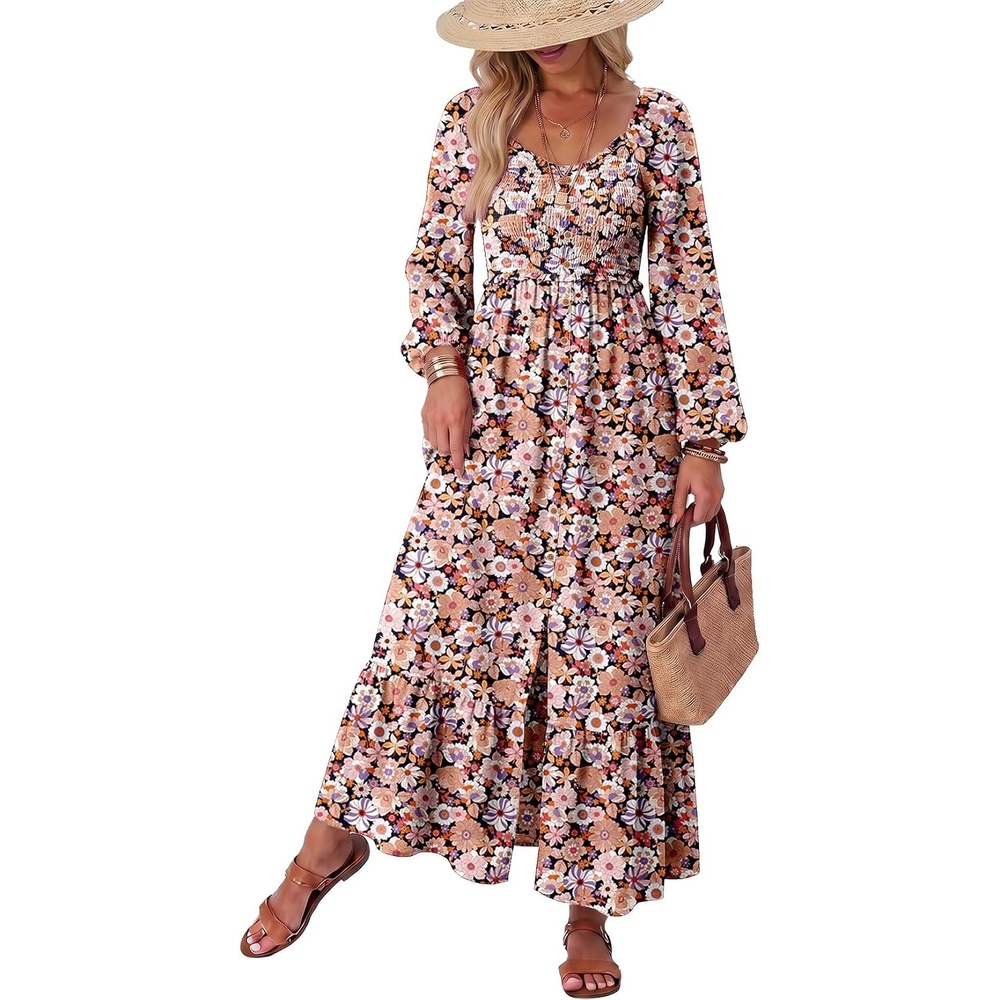 image:imageDokotoo Womens Dresses Boho Floral Smocked Empire Waist Square Neck Long Sleeve Button Maxi Dress Beach Vacation SundressesBlack