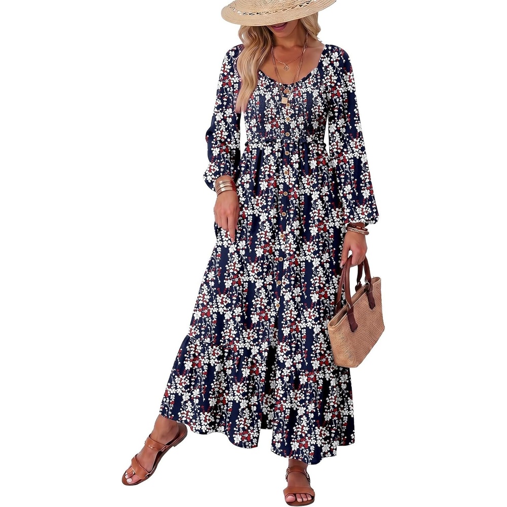 image:imageDokotoo Womens Dresses Boho Floral Smocked Empire Waist Square Neck Long Sleeve Button Maxi Dress Beach Vacation SundressesBlue 10520