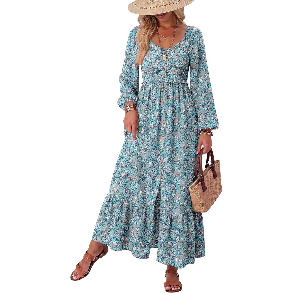 image:imageDokotoo Womens Dresses Boho Floral Smocked Empire Waist Square Neck Long Sleeve Button Maxi Dress Beach Vacation SundressesBlue
