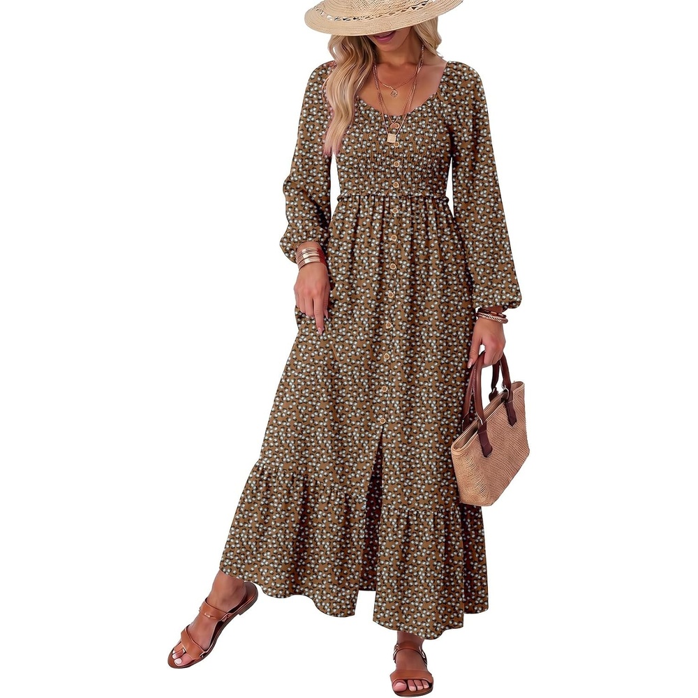 image:imageDokotoo Womens Dresses Boho Floral Smocked Empire Waist Square Neck Long Sleeve Button Maxi Dress Beach Vacation SundressesBrown